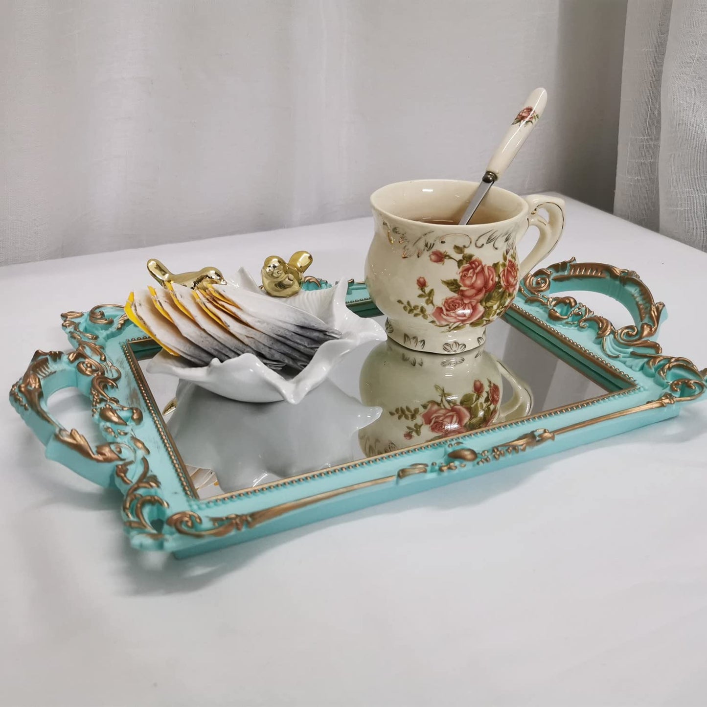 Yamfurga Small Rectangle Decorative Mirror Tray, French Style, Makeup Organizer, Jewelry Organizer, Serving Tray, 13"x 7.8", Golden Blue