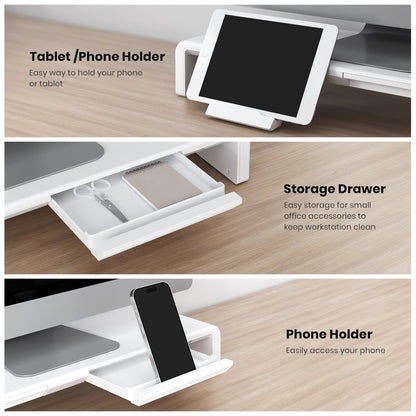 Monitor Stand Riser, Klearlook Foldable, Height Adjustable Computer Stand, Desk Shelf Riser with Storage Drawer &Tablet Phone Stand for Desktop, Laptop (White)