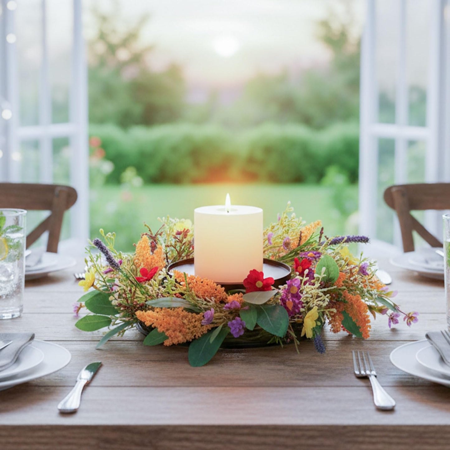 MOYEE Summer Centerpieces for Tables Wreath with Candle Holder,Candle Ring, Black Metal Candlestick with an Artificial Wreaths 14 in Versatile Dining Table Centrepiece (Golden Wheat Ear Wreath)