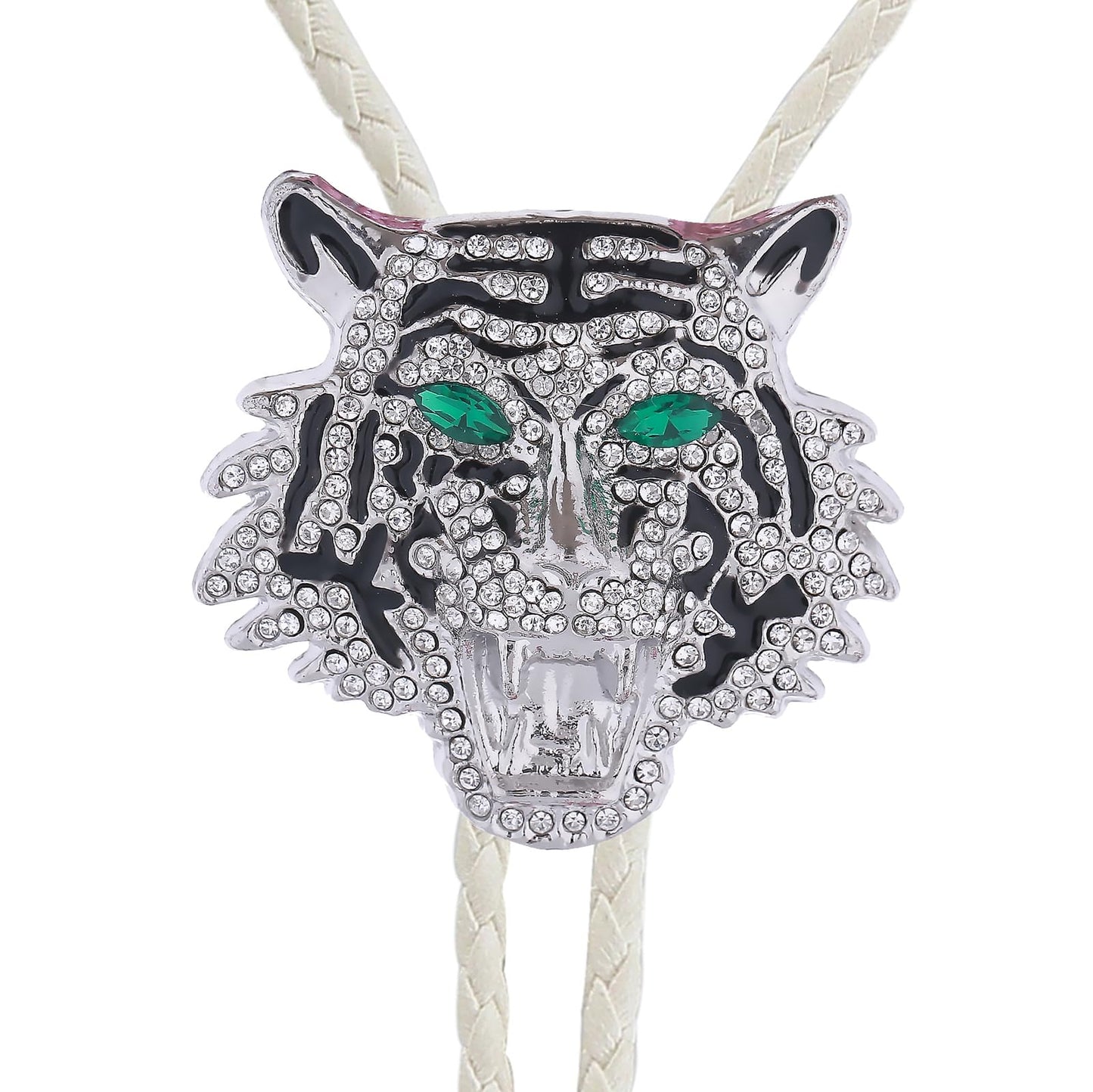 GelConnie Rhinestone Bolo Tie for Women Full Rhinestone Tiger Head Silver Bolo Tie for Men Wedding White Leather Cord Cowboy Ties