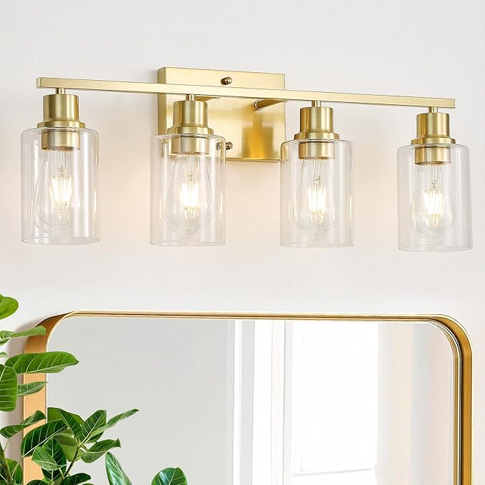 4-Lights Gold Bathroom Vanity Light Fixtures,Brushed Gold Wall Sconces with Clear Glass Shades, Farmhouse Modern Wall Lighting for Mirror,Living Room,Bedroom