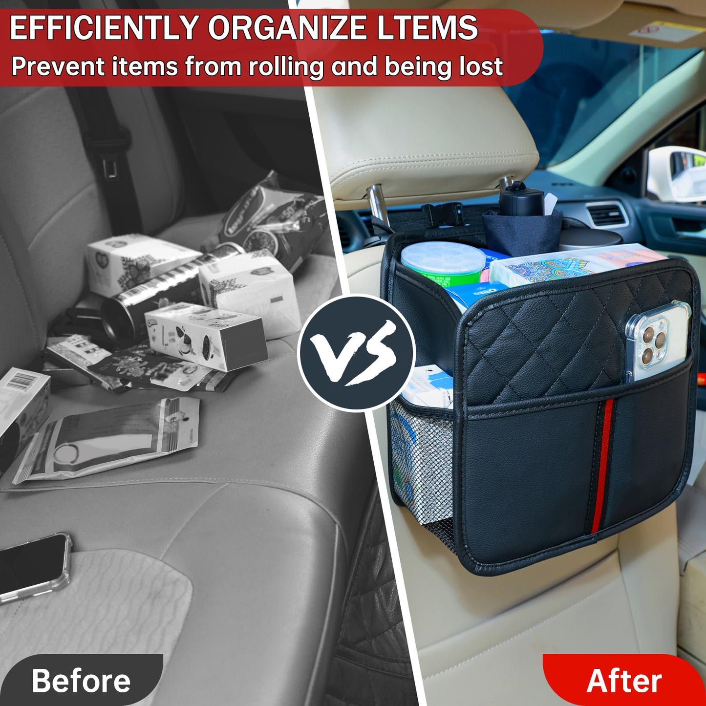 JHLGRE Car Seat Back Organizer, 1 Pack Multifunctional car organizers and storage with Cup Holders, Car Trash Can, Back of Seat Car Organizer for Kids & Adults, Universal for Most Cars, Black