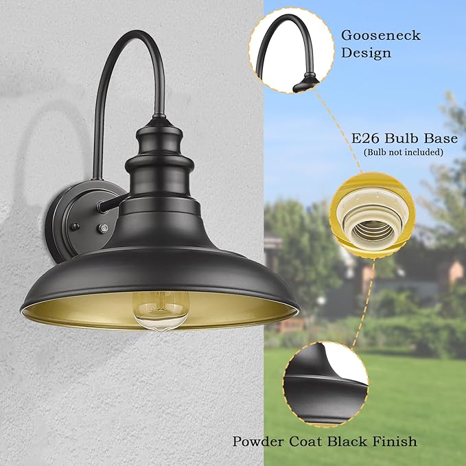 Dusk to Dawn Sensor Outdoor Barn Light Fixtures Outdoor Wall Sconces Farmhouse Wall Mount Lights Exterior Gooseneck Light Fixture Black Finish Industrial Wall Lantern for Porch, Entryways, 4 Pack