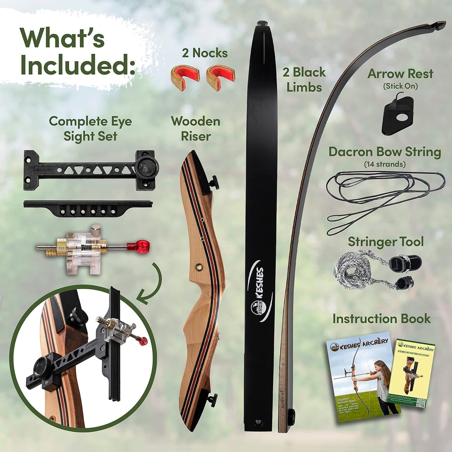 KESHES Takedown Recurve Bow and Arrow Set for Adults & Teens 62" - 15-60lb Draw Weight, Right & Left Handed Bows - Archery Set with Bowstring, Arrow Rest, Stringer Tool, and Bow Sight - 30 Left Hand