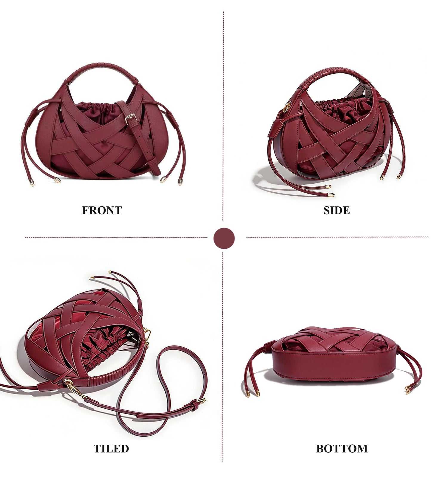 myfriday Woven Crossbody Bag for Women, Semicircle Boho Handbag Vegan Leather Shoulder Hand Purse with Drawstring (Black)