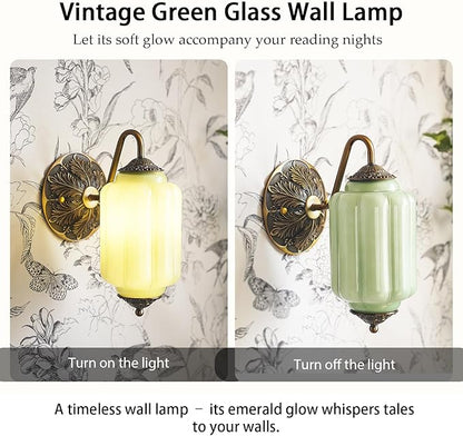 Antique Gold Milk Glass Wall Sconce - Vintage Green Shade & Brass Finish Base - Indoor Wall Lighting Fixture for Living Room, Bedroom, Bathroom, Hallway, Entryway (Green)