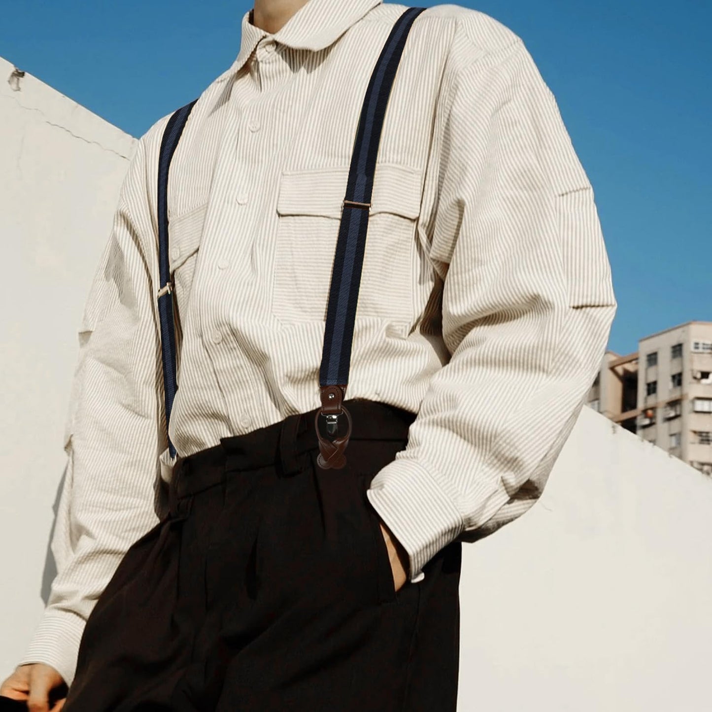 LEHOMU Men Suspenders Adjustable,1.4 Inch Wide Heavy Duty Y-Back Elastic Tuxedo Elastic Mens Suspenders with Leather Buttons and 3 Metal Clips,Black and Blue Stripe