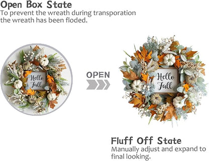 20inch Thanksgiving Fall Wreath, Eucalyptus Berries Pumpkins Lamb Ears Leaves Autumn Wreaths for Front Door, Fall Decor, Porch Wall, Home Outdoor Holiday Decorations Wreath for Autumn