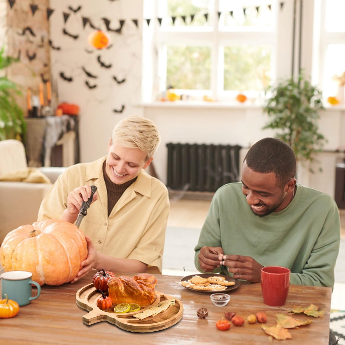 AWIZOM Pumpkin Wooden Serving Platter Thanksgiving Bamboo Serving Tray Wooden Snack Cheese Charcuterie Board Sectional Wood Halloween Dish Plate for Fall Autumn Harvest Party Supply,14.96x11.58x0.79