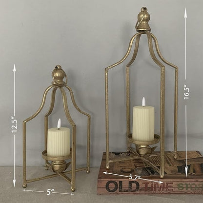 12.5" & 16.5" Timeless Cozy Decorative Lanterns Set of 2, Handcrafted Metal Iron Candle Holders, Farmhouse Elegance Fireplace Mantel Table Festive Gatherings Decor (Antique Gold)