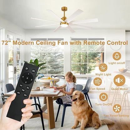 Depuley 72" Industrial Ceiling Fans with Light, Modern Ceiling Fan with 8 Blades, 5-Speed Reversible DC Motor, 3 Dimmable Color Light Fan with Remote for Indoor Living Room Covered Outdoor