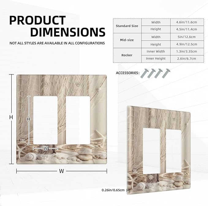 Nautical Coastal Double Rocker Light Switch Cover Seashell Fishing Net Ocean Lighthouse Starfish 2 Gang Outlet Wall Plate Decorative GFCI Switchplate Electrical Faceplate Beach Theme Decor