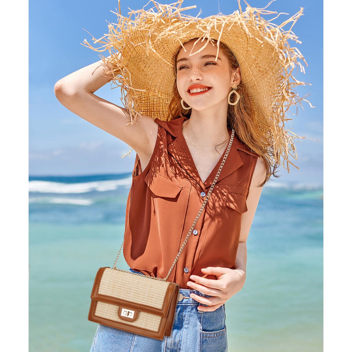 KKXIU Women Small Straw Beach bag Crossbody Bag Summer Shoulder Bag Beach Handbag Vegan Leather Purse (Brown)
