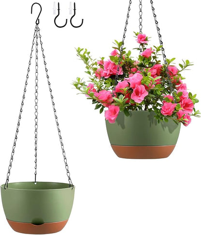Set of 2 10 Inch Self Watering Hanging Planters for Indoor Outdoor Plants, Color Blocking Hanging Baskets Flower Pots with Drainage Hole & Removable Water-Storage Tray and 20" Chain Hanger