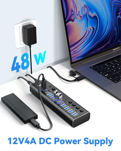 Powered USB Hub 3.2, LEINSIS 10-Port USB 3.2/USB C Hub (10Gbps USB-A 3.2 +2 USB-C 3.2 +7 USB 3.0 Ports) with Individual On/Off Switches and 12V Power Adapter, Aluminum USB Hub Powered for Laptop PC