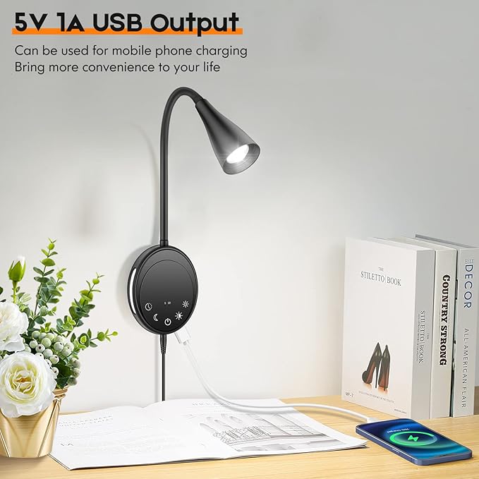 LED Wall Mount Reading Light, Bedside Reading Lights with Touch Control, 5 Dimmable, USB Output, Night Light & Timers, Flexible Gooseneck Headboard Bed Lights Wall Sconce