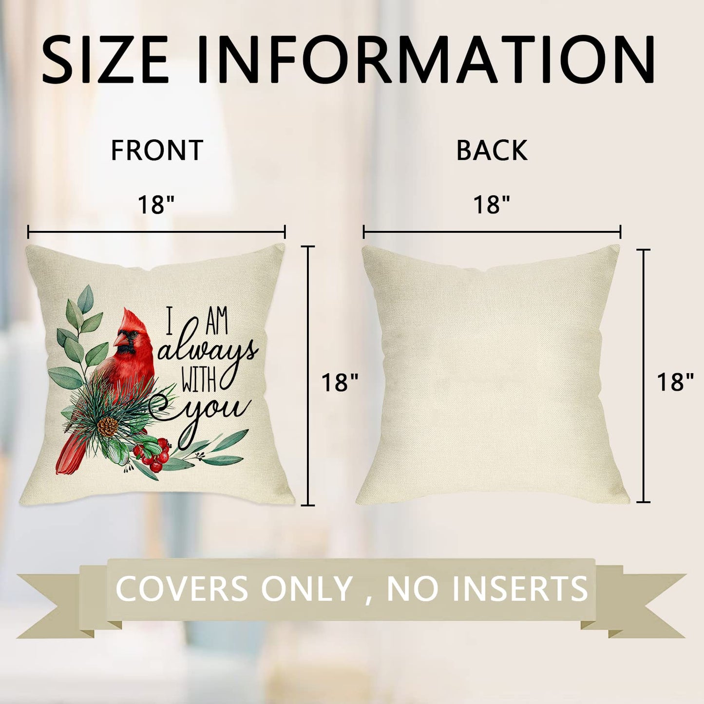 Ussap I Am Always with You Cardinal Red Birds Decorative Throw Pillow Cover Set of 4, Pine Cones Berry Cushion Case Decor, Winter Holiday Memorial Pillowcase Christmas Decorations for Sofa Couch 18x18