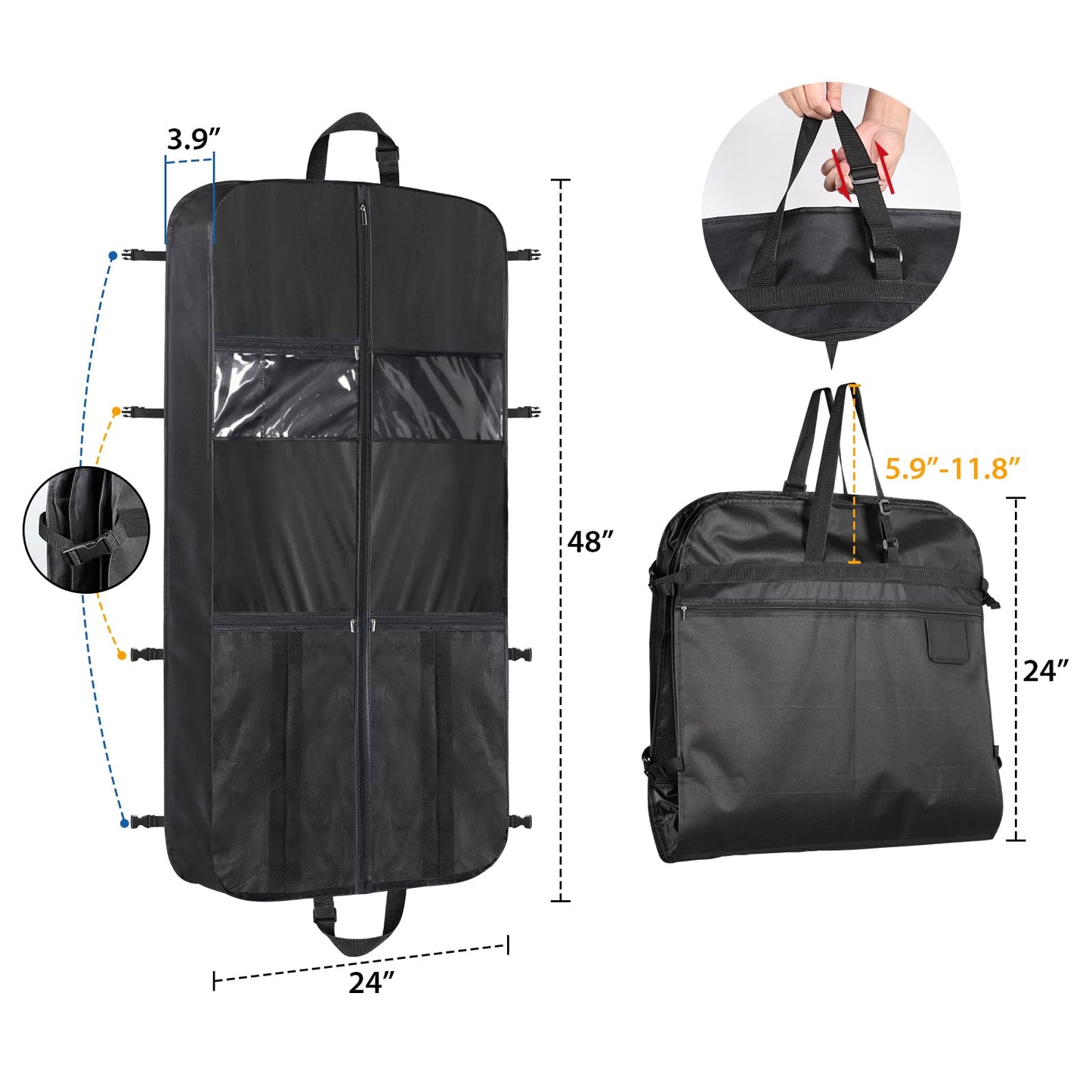 Zilink 48 Inch Garment Bags for Travel Heavy Duty Travel Suit Bag for Men Women with Buckles & Shoulder Strap Garment Bags for Hanging Clothes, Black