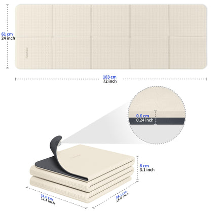 Readaeer Foldable Yoga Mat for Travel Folding Yoga Mat 6mm Thick with Carrying Bag, Non-Slip TPE Exercise Pilates Mat for 72" L x 24" W x 0.24 Inch (Beige)