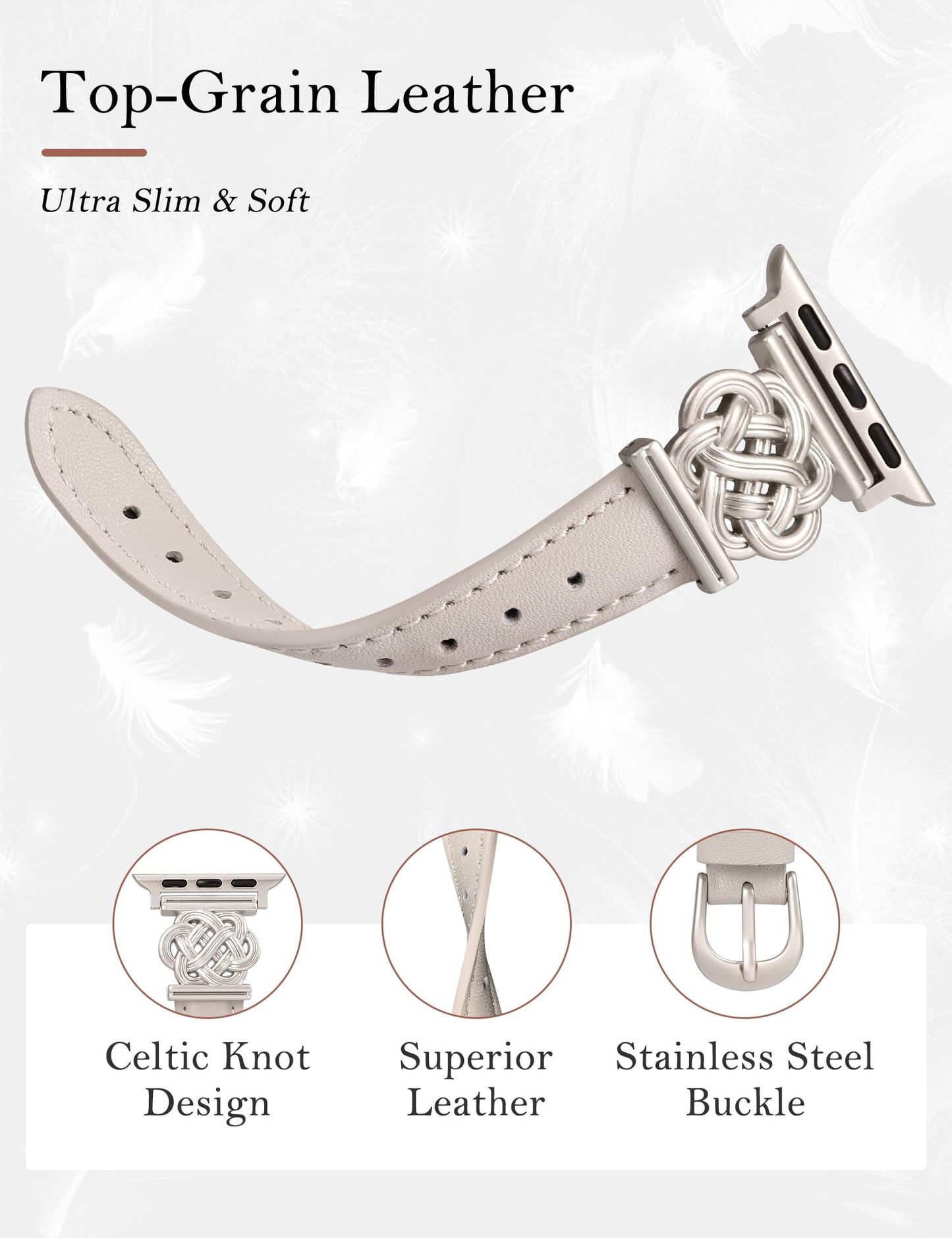 Minyee Celtic Knot Leather Band Compatible with Apple Watch Band 38/40/41/42mm Women, Slim Thin Dressy Premium Leather Interlock Buckle Strap for iWatch Series 11 10 9 Ultra SE 8 7 6 5 4 3,Starlight
