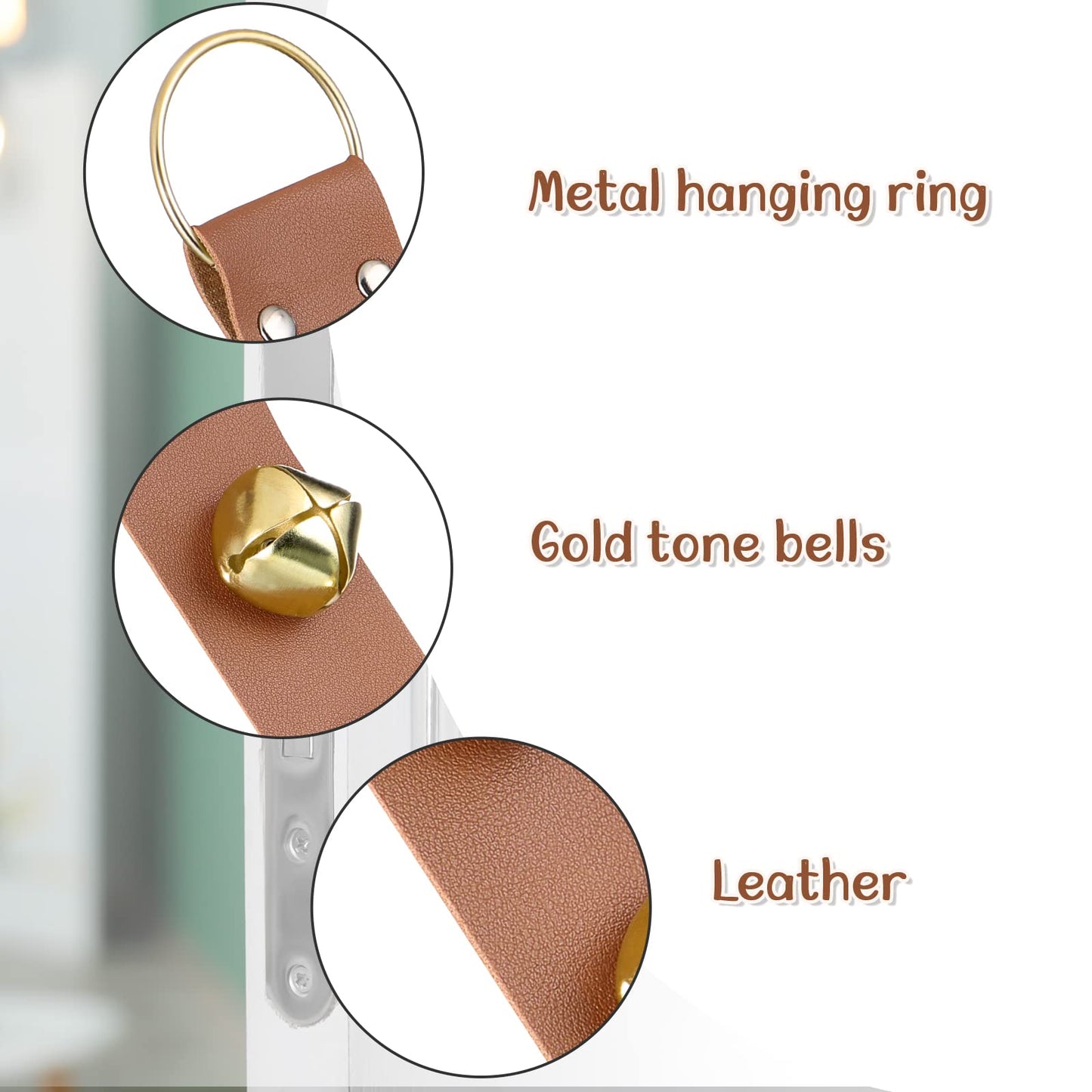 Frienda Hanging Jingle Sleigh Bells 7-Bell Dog Doorbells for Door Knob Faux Leather Belts Go Outside Dog Bells Christmas Decor and Holiday Decorations, 18.7 x 1.8 x 1 Inches(Light Brown with Gold)