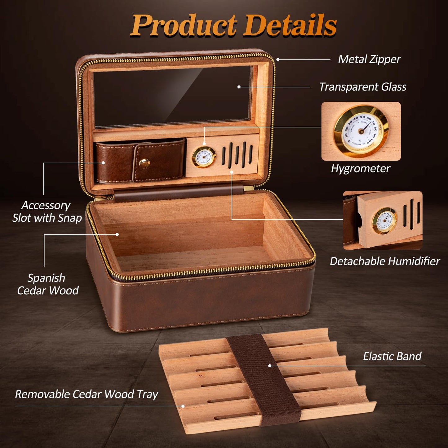 Usewire Cigars Humidor, Travel Cigar Humidor Case, Cedar Wood Double Layer Cigar Box with Built-in Humidifier, Glass Top Cigar Humidor with Cigar Lighter, Cigar Accessory Gift Set for Men(No Butane)