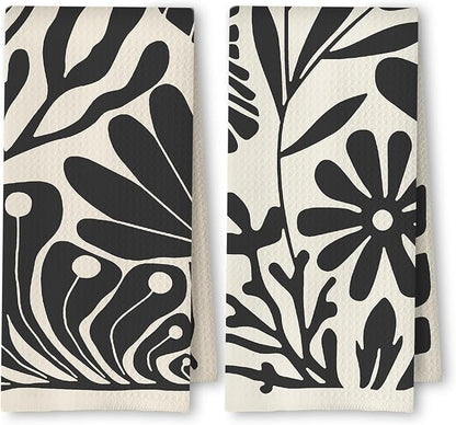 Abstract Boho Neutral Floral Kitchen Towels Set of 2, 70s Retro Groovy Beige