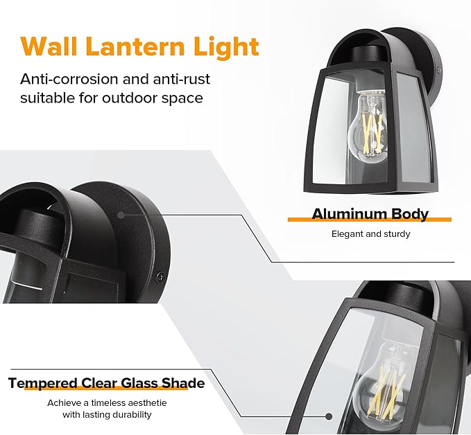 LUTEC Outdoor Wall Light Fixtures, Exterior Waterproof Wall Lantern with Clear Glass Shade, Aluminum Modern Matte Black Porch Sconce Outdoor Lighting for Garage Entryway Yard