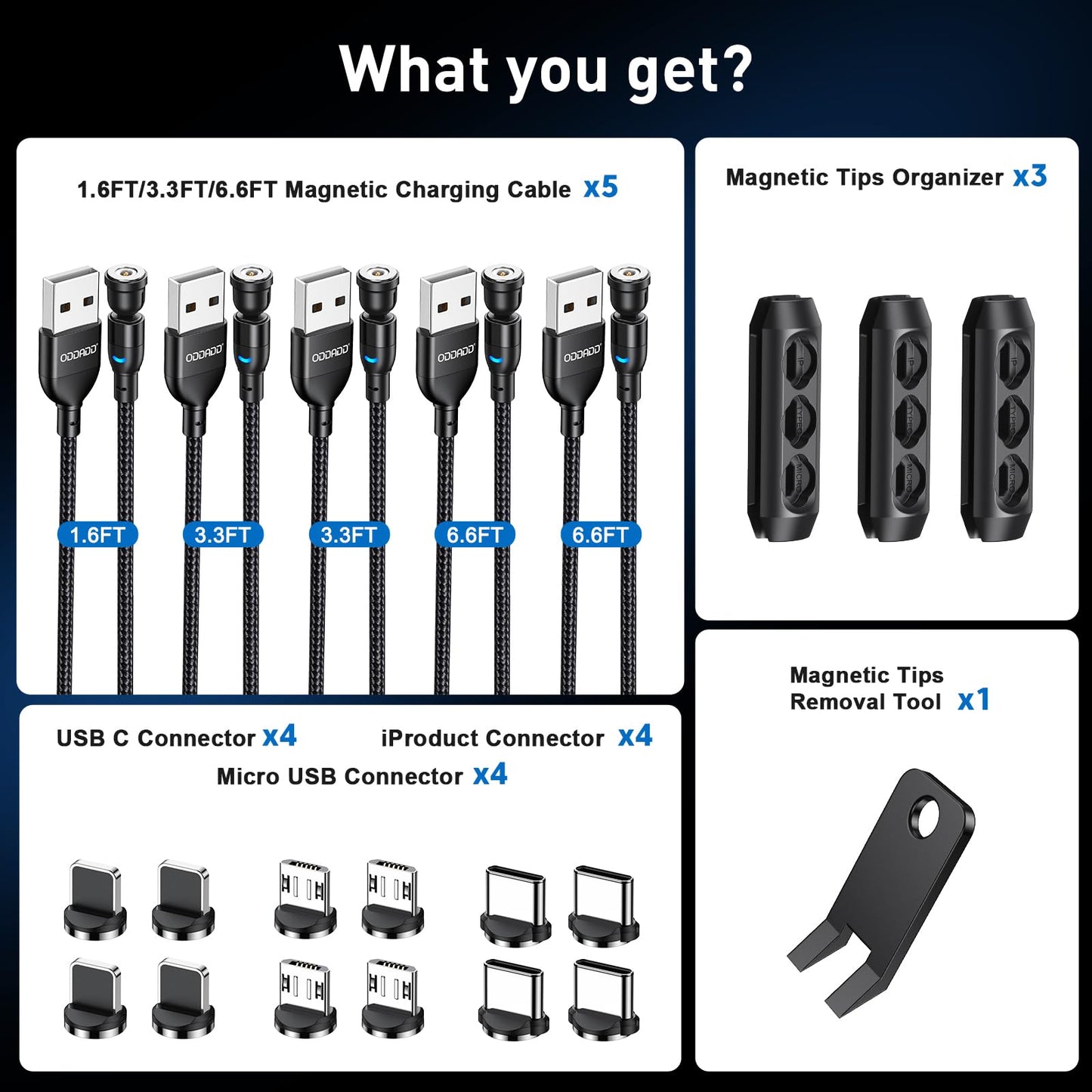 ODDADD Magnetic Charging Cable 5-Pack (1.6/3.3/3.3/6.6/6.6FT), 540° Rotating Magnetic Phone Charger Cable with LED Light for Micro USB, USB C and i-Product Device