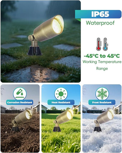 Low Voltage Brass Landscape Light, Solid Outdoor Spotlight with Replaceable MR16 LED Bulb 5W, 2700K Warm White, 12V 24V Landscape Lighting, Waterproof Design for Garden, Yard