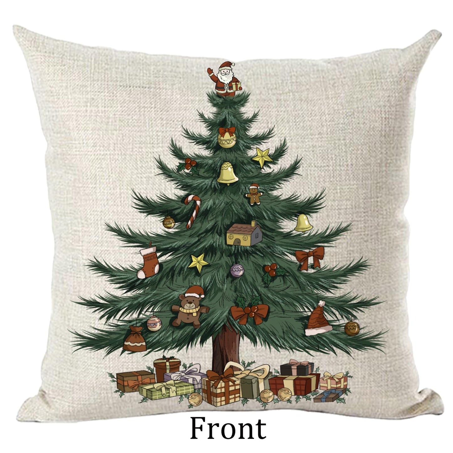 Ramirar Merry Christmas Happy New Year Retro Green Pine Tree Santa Claus Dolls Gifts Decorative Throw Pillow Cover Case Home Living Room Bed Sofa Car Cotton Linen Square 18 x 18 Inches