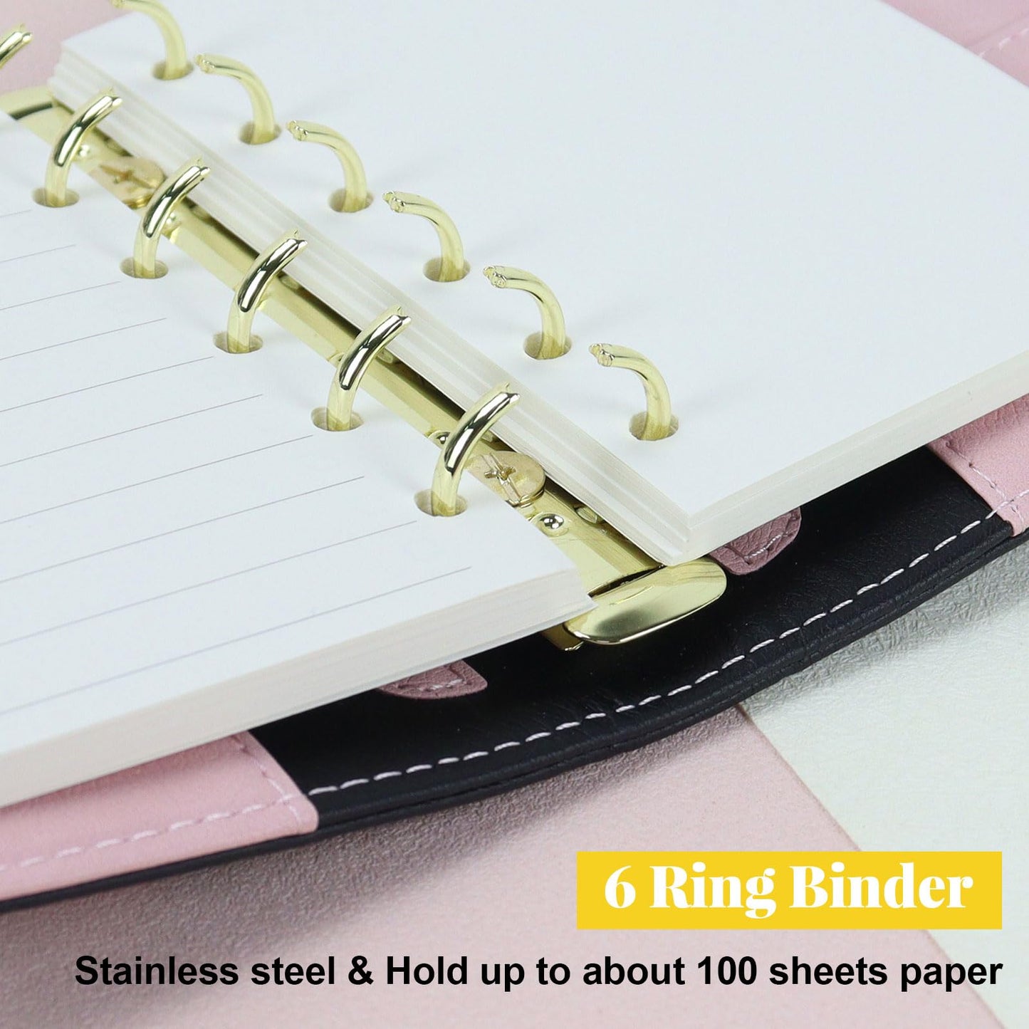 MultiBey A7 Refillable Notebook Planner Cover 6 Ring, Mini a7 Binder Wallet Budget Binder Notebook Folders PU Leather Organizer with Zipper Pockage and Pen, Aesthetic Black Loose Leaf Binder