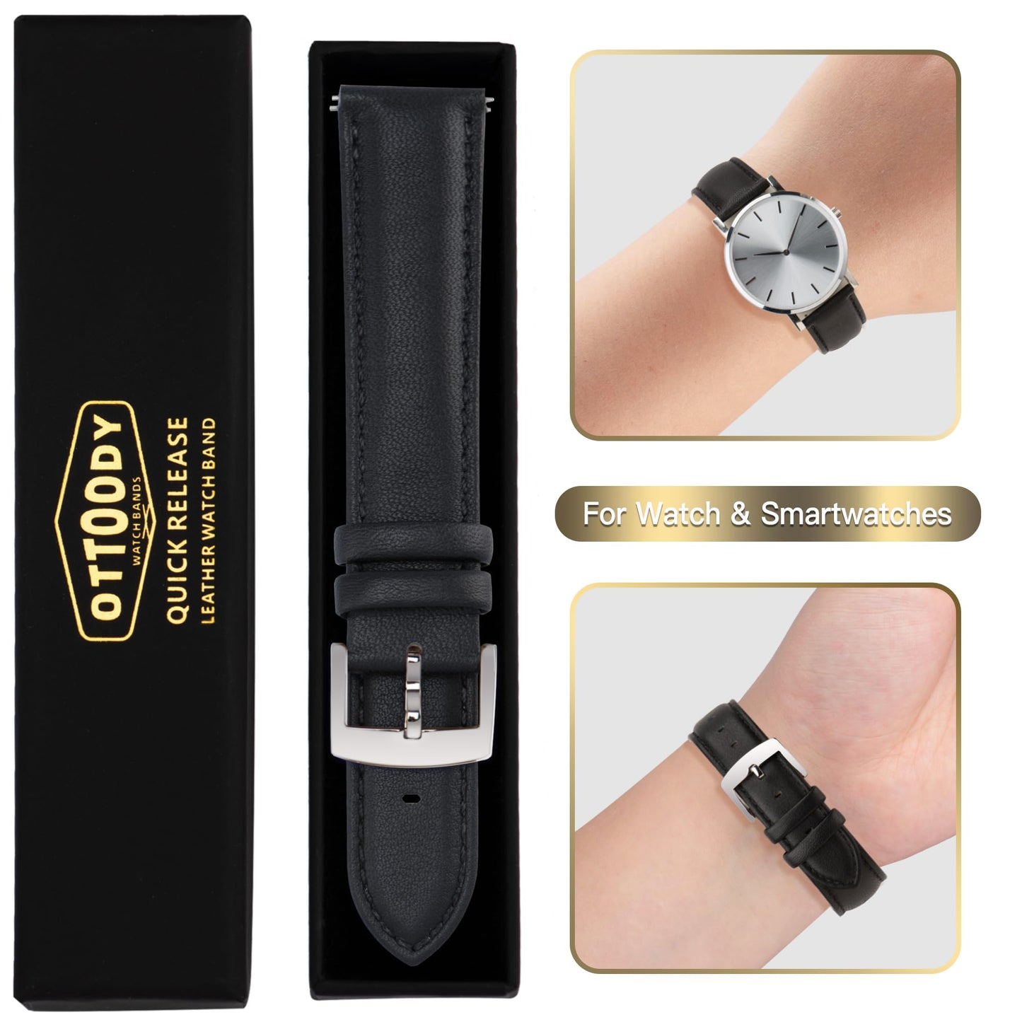 OTTOODY Leather Watch Bands Strap Quick Release, Elegant & Soft Top Grain Genuine Leather Watch band for Men Women, 22mm 21mm 20mm 18mm 16mm Replacement Straps for Watch & Smartwatch, Silver Buckle
