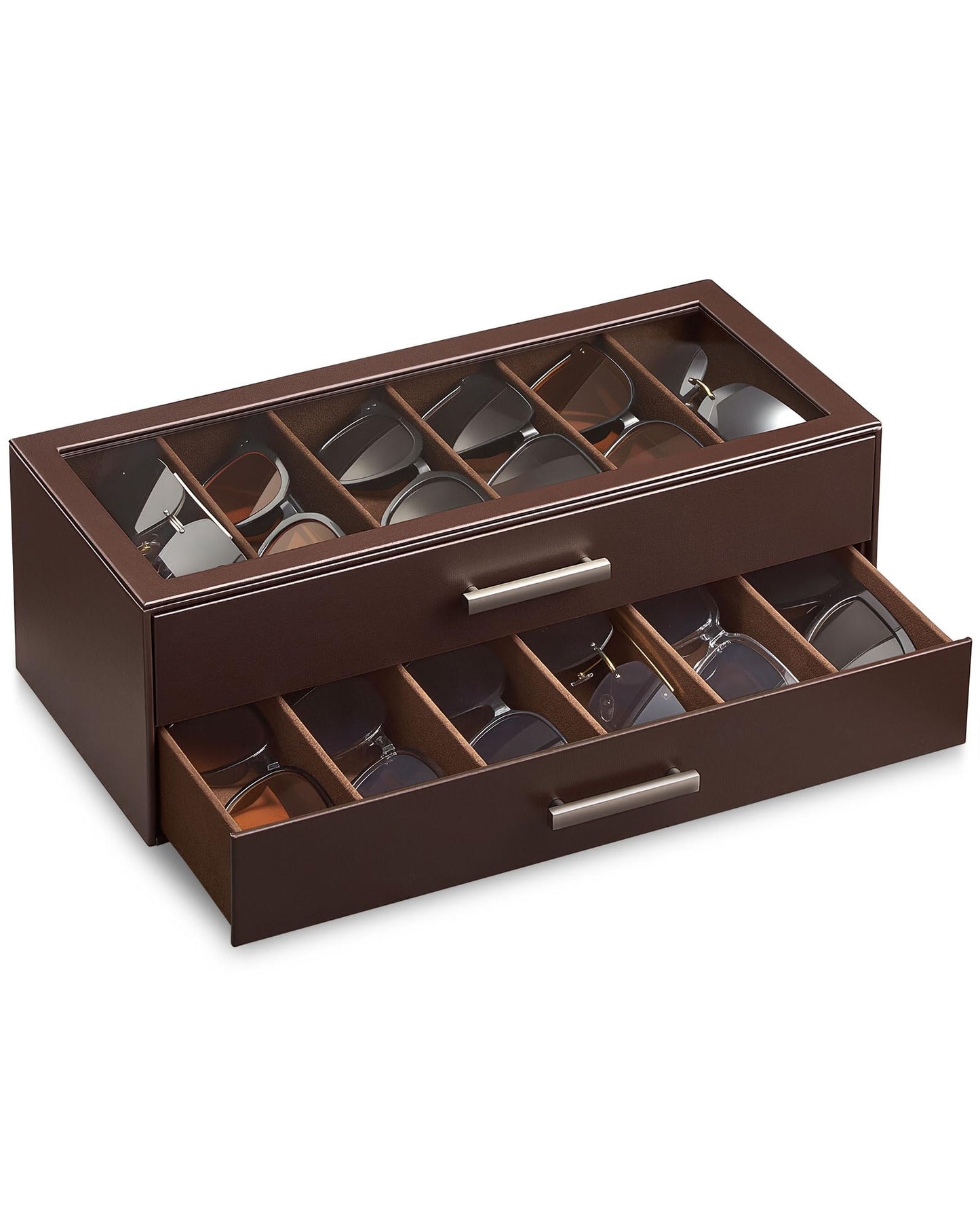 ProCase 12 Slots Sunglasses Organizer, 2-Layer Eyeglass Holder with Clear Glass Lid, PU Leather Glasses Storage Display Case for Men Women -Espresso