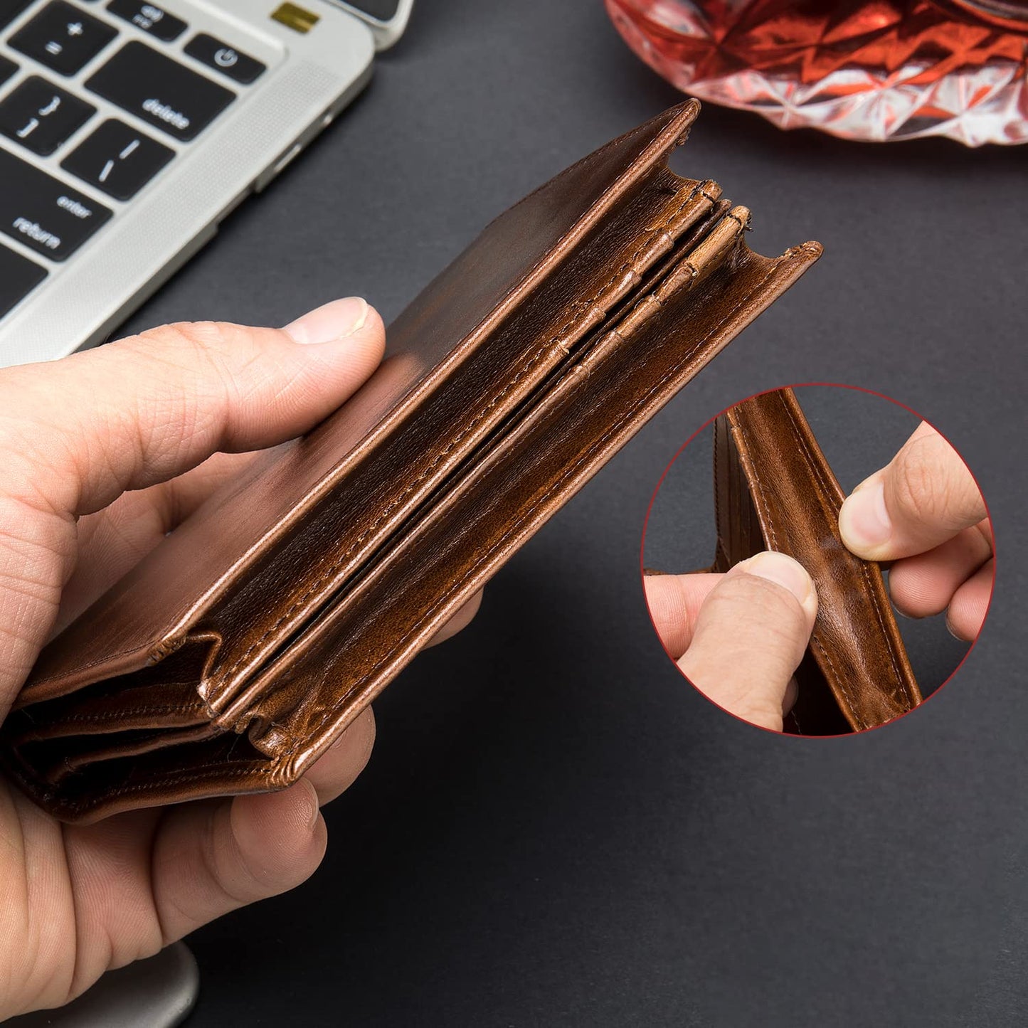 Plinvo Men's Extra Large RFID Blocking Bifold Wallet Genuine Leather Vertical Design 16 Card Slots with ID Window (Coffee)