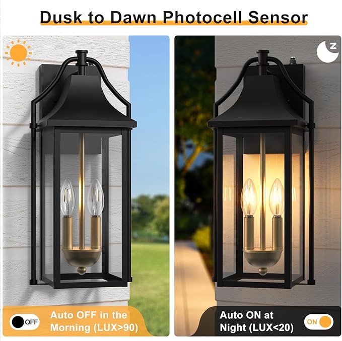 𝟏𝟕.𝟒𝑰𝑵 Outdoor Wall Sconce Fixture, Dusk to Dawn Patio Lights Waterproof Exterior Lanterns, 2-Light Modern Wall Lights Mounted with Glass, Black Outside Light for House Front Door Decor