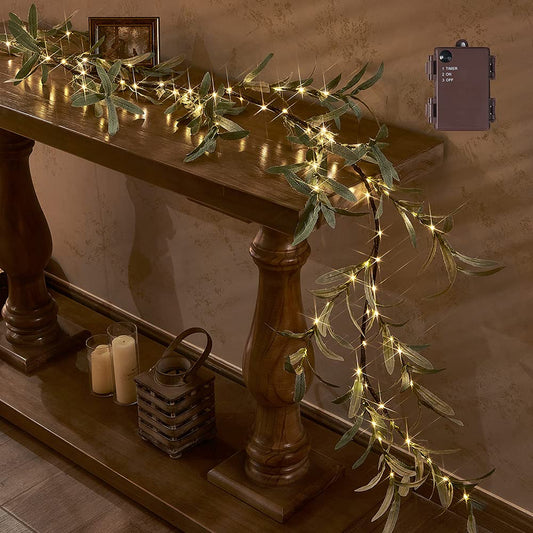 Hairui Lighted Artificial Olive Garland 6FT 96 LED Fairy Lights Battery Operated, Faux Vine Lights with Timer for Spring Christmas Holiday Fireplace Decoration
