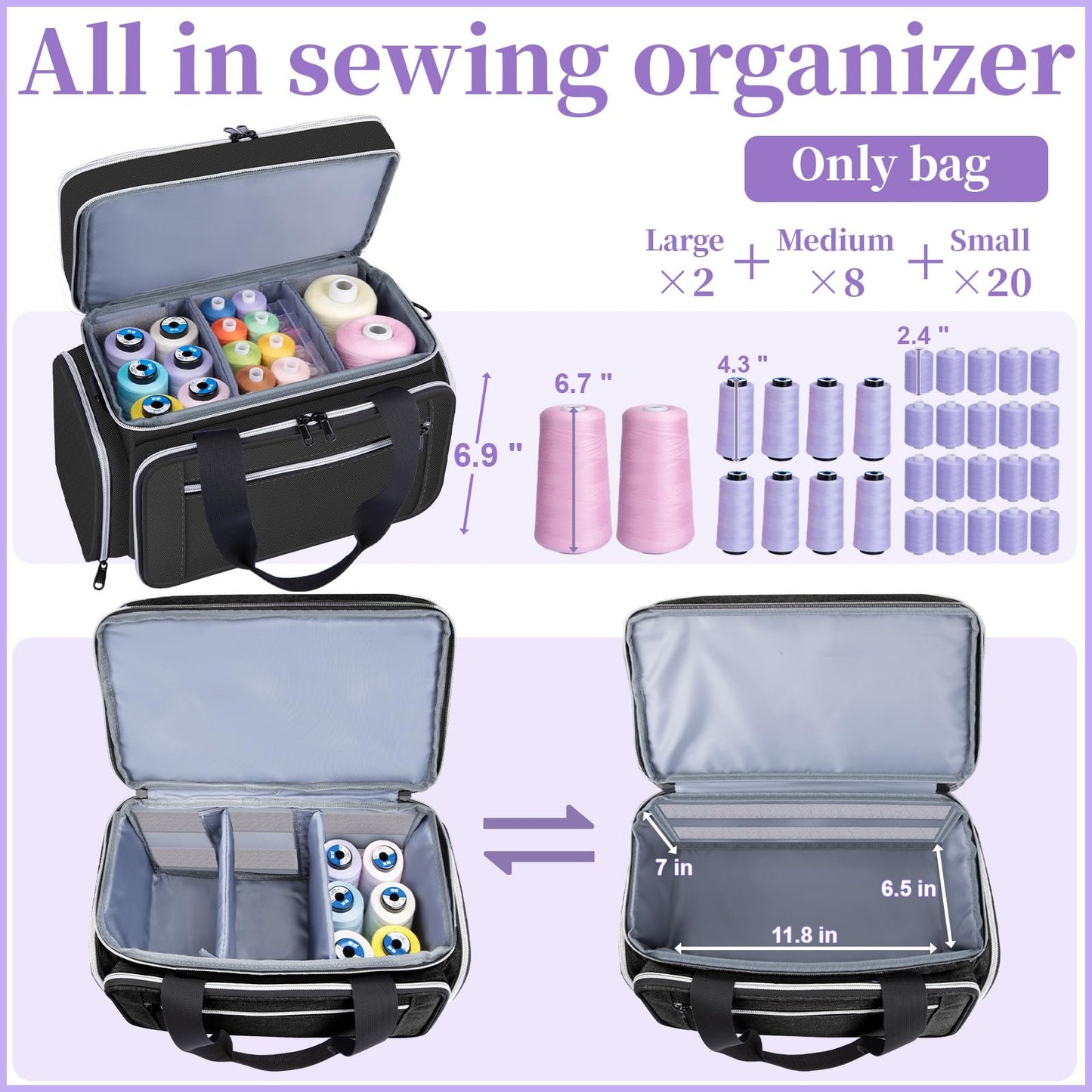 Anitor Large Sewing Supplies Organizer, Double Layer Sewing Storage Organizer with Two Detachable Dividers, Travel Sewing Bag Organizer with Shoulder Strap for Accessories, Black, (Bag Only)