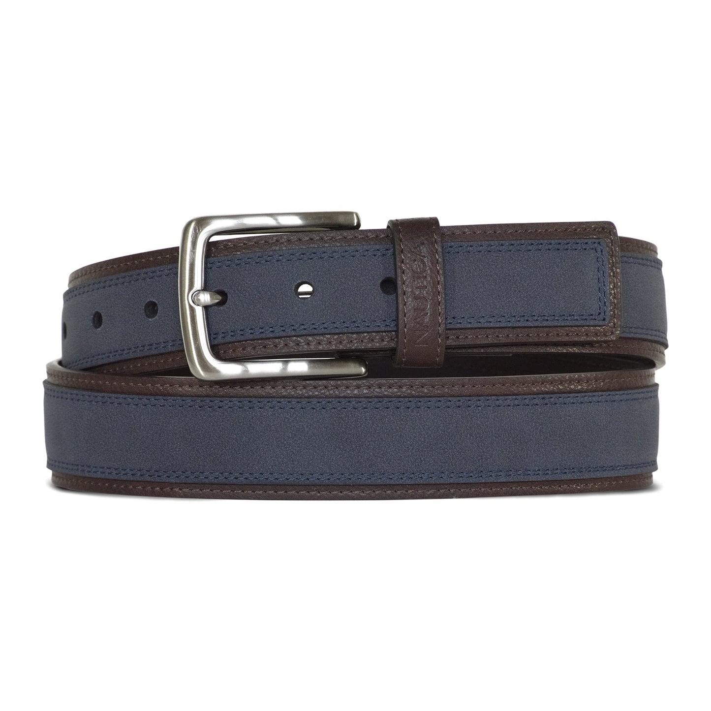 Nautica Men's Casual Leather Belt | Everyday | Classic | Pants | Jeans | Khakis | Chinos | Metal Buckle, Casual Overlay - Navy, 44 Inches