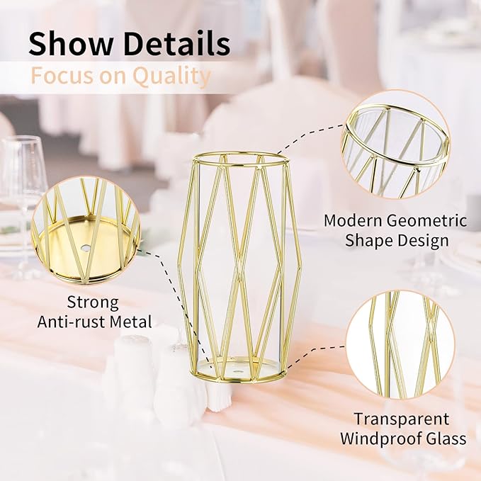 Nuptio Gold Pillar Candle Holder: 8 Pcs Glass Hurricane Candles Holders with Geometric Metal Rack Stand for Wedding Birthday Party Centerpieces - Decorative Flower Vase for Office Living Room