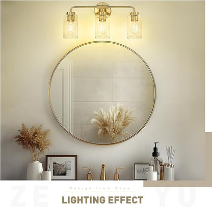 zeyu 3-Light Vanity Lighting Fixtures, Modern Vanity Lighting Fixtures Over Mirror with Cylinder Clear Glass Shade, Brushed Gold Finish, ZS62B-3W BG