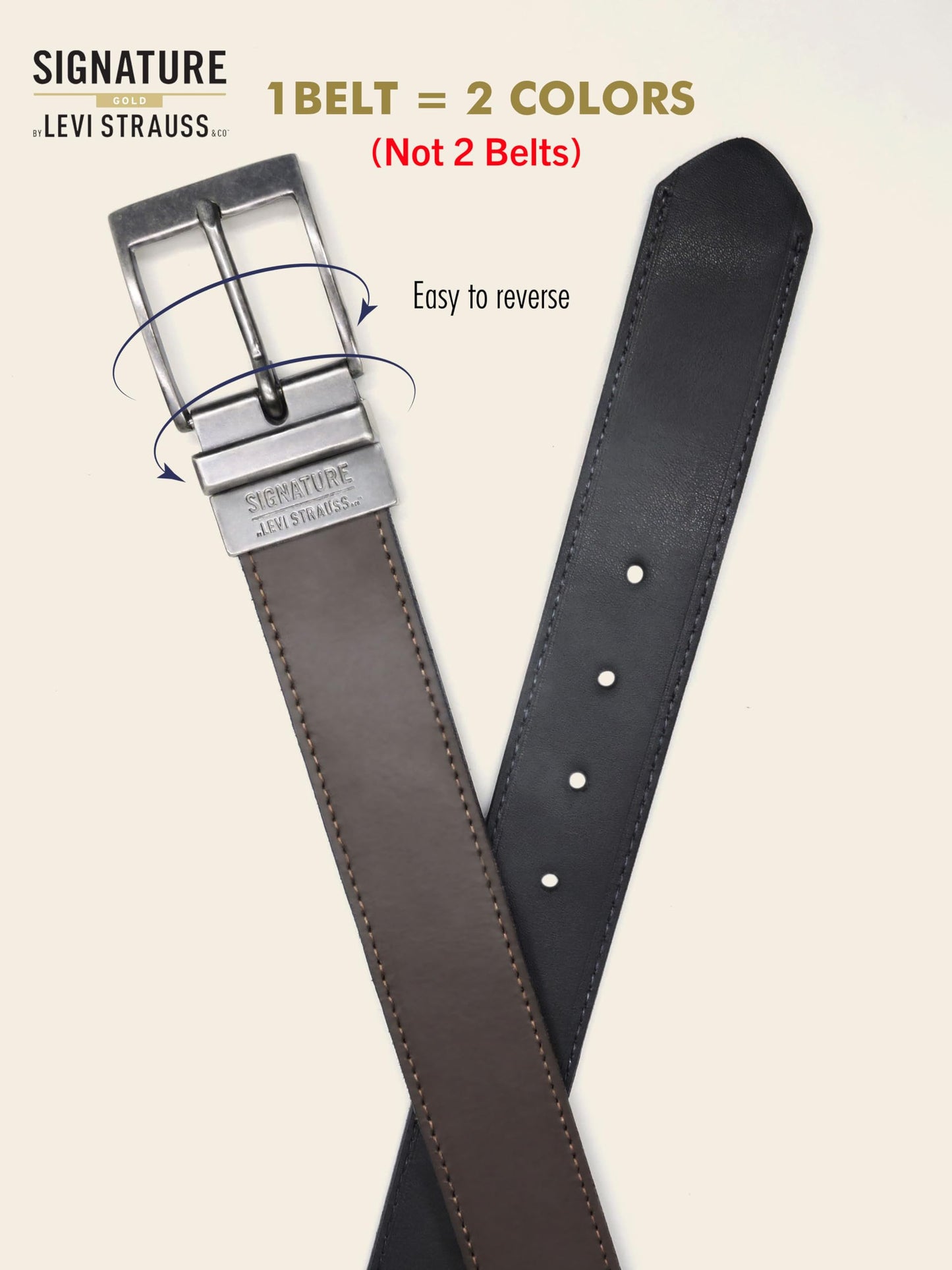 Levi Strauss Signature - Premium Leather Reversible Belt for Men for Jeans, Work, Dress & Casual pants | Cinturon Para Hombre (Brown/Black/Stitch Creased Edge, 46-48)