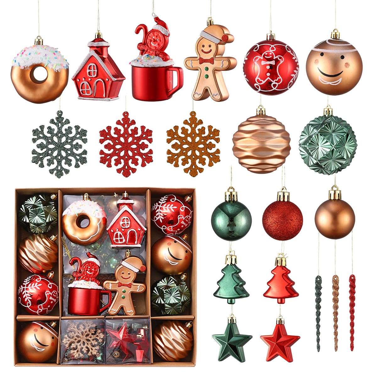 Gingerbread Man Christmas Tree Ball Ornaments Set - 72 ct Red Green Copper Gold Plastic Shatterproof Hanging Ornaments for Xmas Tree Indoor Outdoor Holiday Party Decorations
