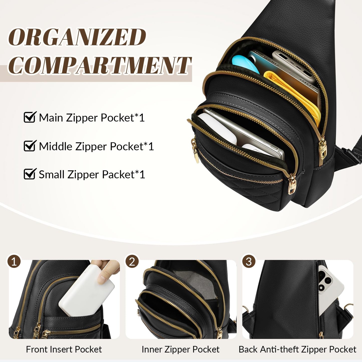 JASGOOD Women Anti-theft Crossbody Sling Bag, Leather Chest Bag Sling Backpack for Fashion Travel,Black