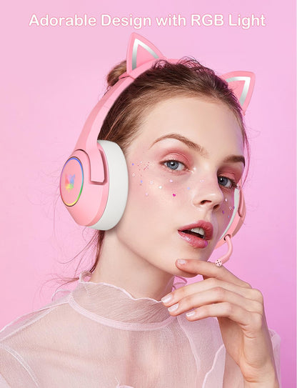 PHNIXGAM Cat Ear Gaming Cute Headset, Wired Over-Ear Headphones with Retractable Microphone, Surround Sound, LED Backlight for PS4, PS5, PC, Mobile Phone (Light Pink)