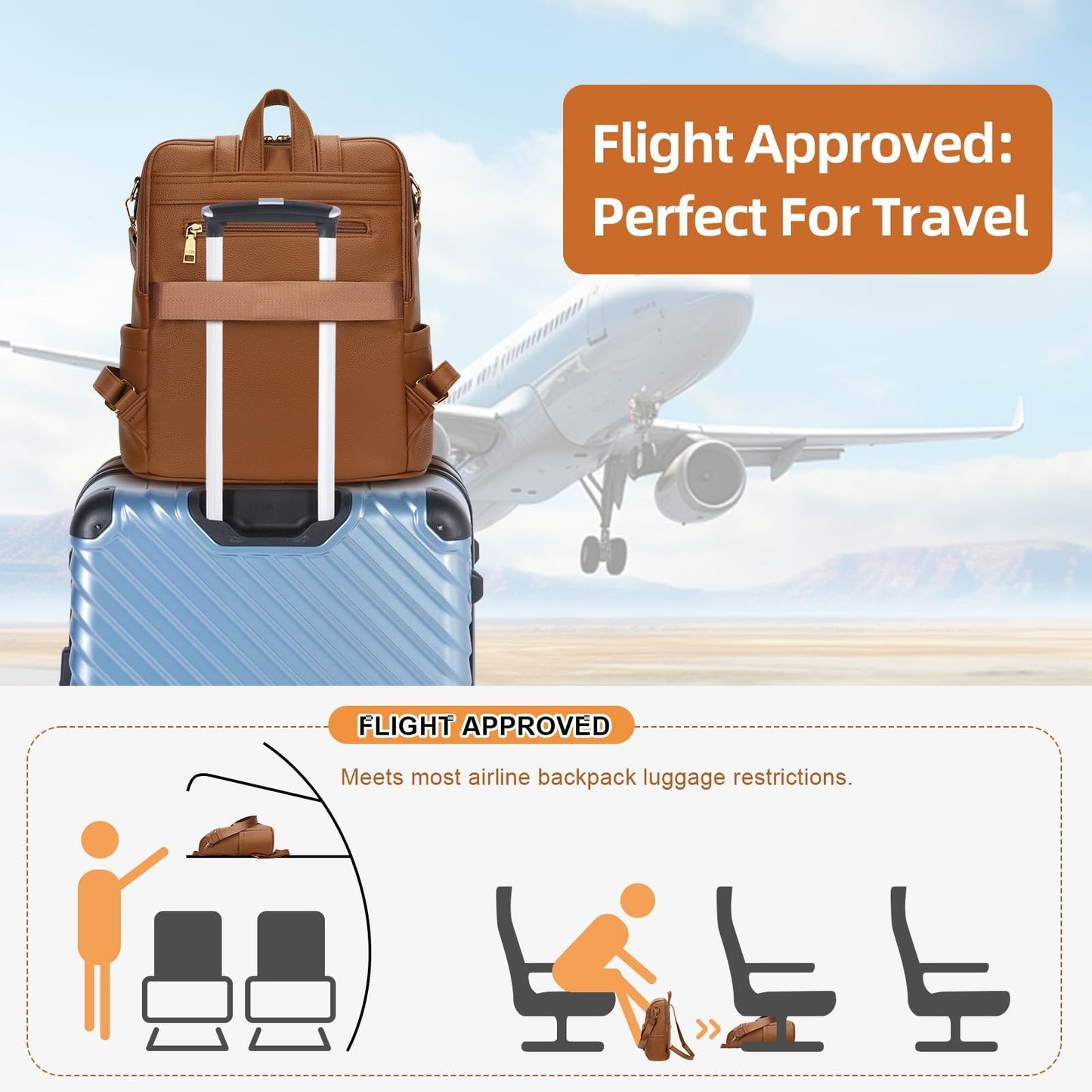 KKXIU Backpack Purse for Women - Multi-pocket Leather backpack for Travel, Work & School with Anti-Theft Lock Pocket, Luggage Strap & Water Bottle Pockets - 13x14x5.2 Inch, 1.67lb (Brown)