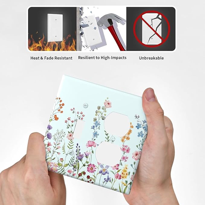 Decorative Light Switch Cover Plate Rustic Wild Floral Vintage Blue Watercolor Flower 2 Gang Outlet Covers 1 Toggle 1 Duplex Wall Plate Decorate Electrical Switch Plate Covers for Bathroom Home Decor