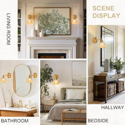 Wall Sconces Set of Two Hardwired, Vintage Sconce Light with Tulip Amber Glass Lampshade, Bathroom Wall Lights with Switch, Gold Wall Light Sconces Wall Decor Set of 2