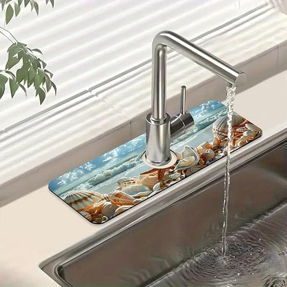 Beach Kitchen Sink Splash Guard Faucet Mat Shells Starfish Waves Super