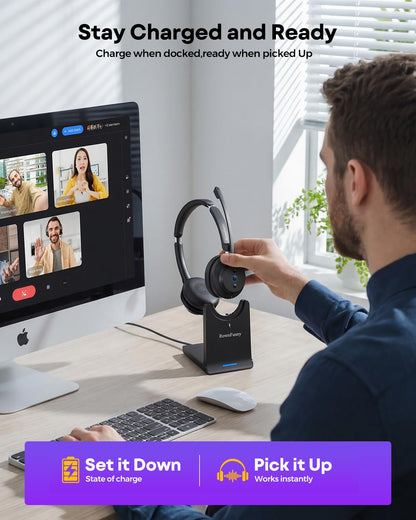 Wireless Headset with Mic for Work, Clear Sound ＆ Comfortable ＆ Stable Connection, Bluetooth Headphones with Microphone, Wireless Headset with Charging Base & USB Dongle for Office/Home/Call Center